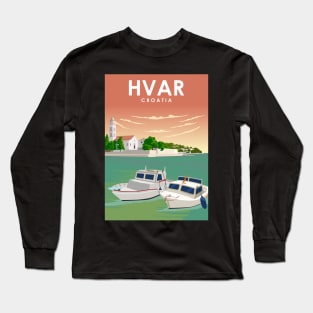 Hvar Croatia Minimal Retro City Travel Poster Long Sleeve T-Shirt